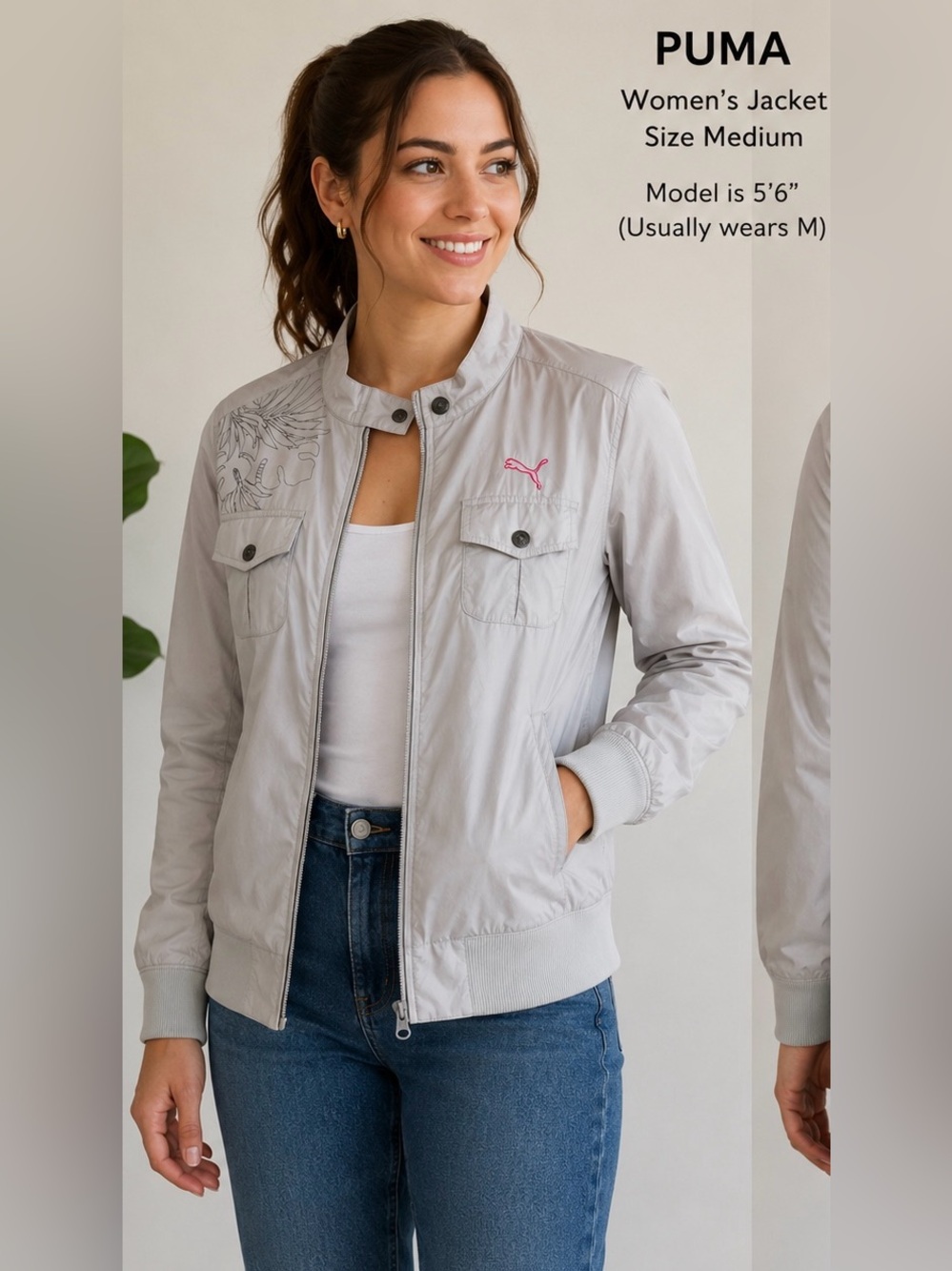 PUMA Golf Gray Lightweight Pink Floral Lined Jacket Size Medium